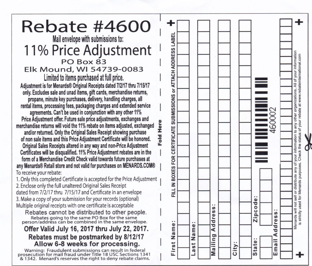 11 Menard's Price Adjustment Rebate