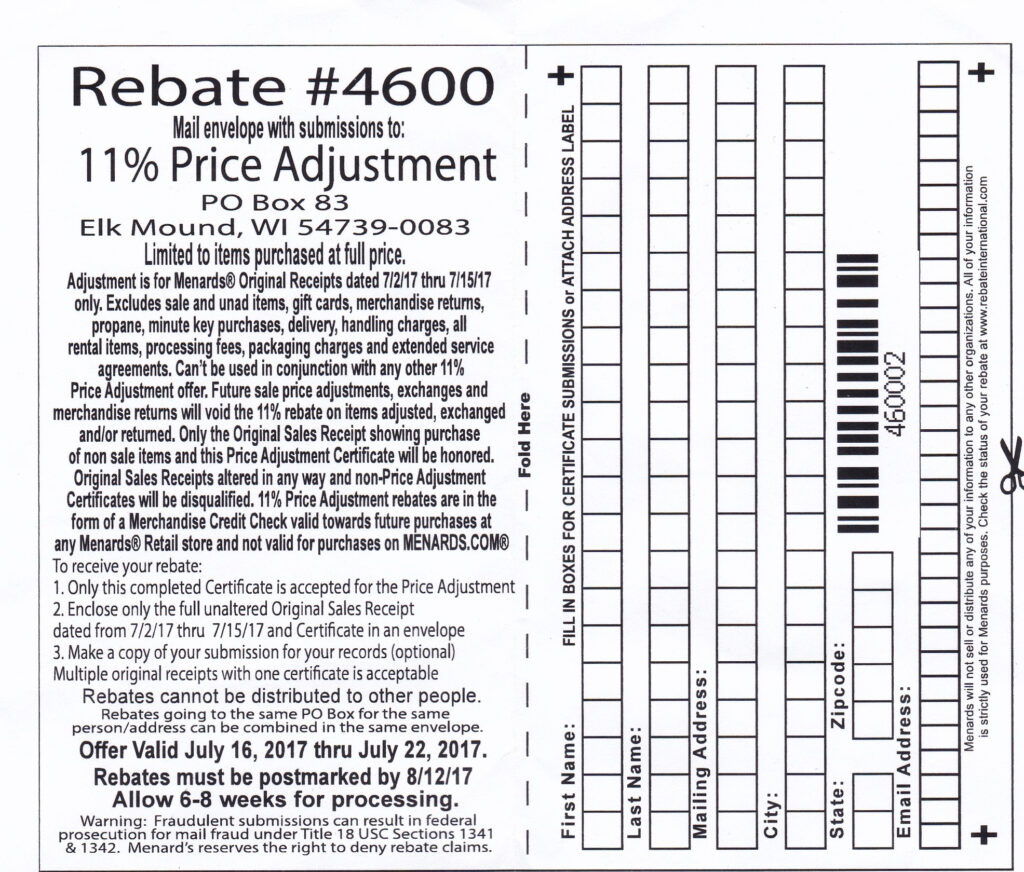 Menards 11 Price Adjustment Rebate October 2024