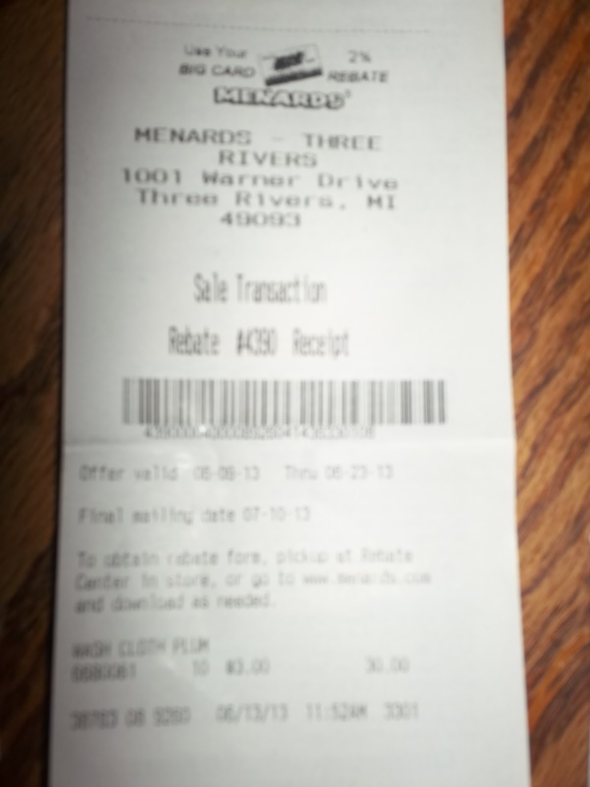 Menards Rebate 847 Receipt