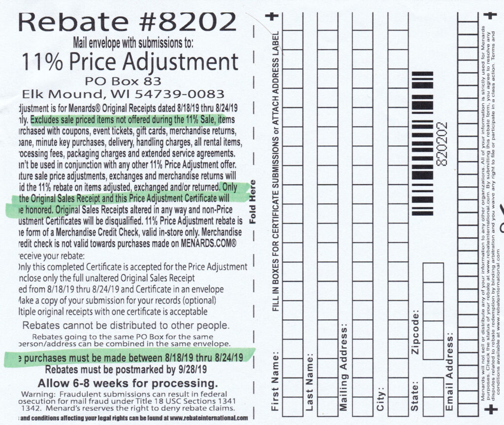 Menards Rebate Adjustment November 2024