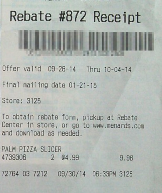 Menards Rebate Receipt 2588