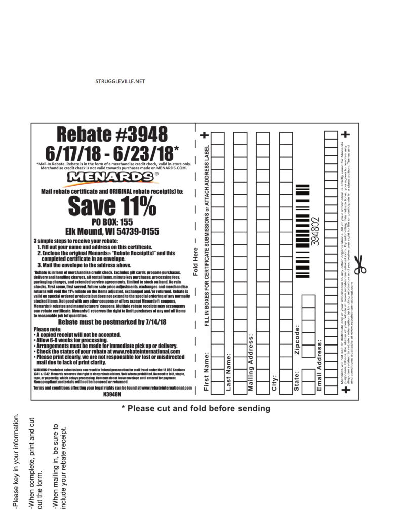 Menards Rebate Receipt 3948