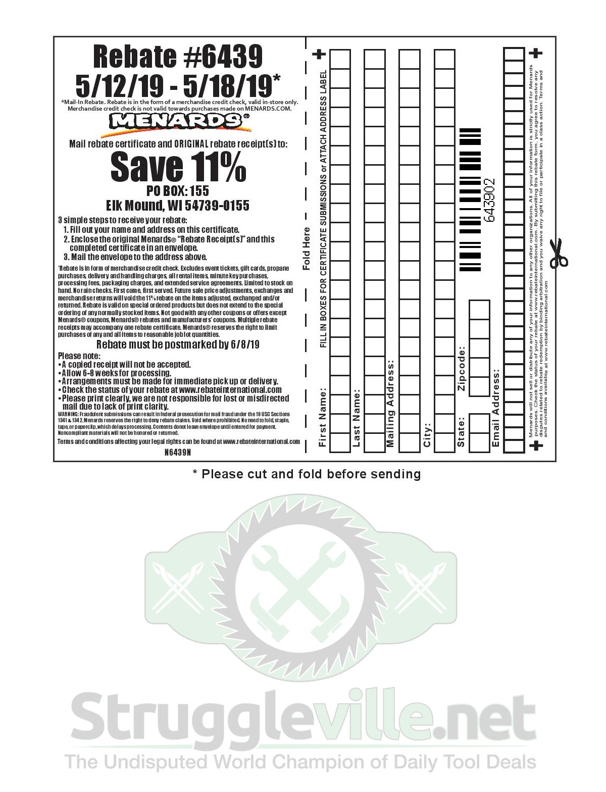 Menards Rebate Receipt 6439