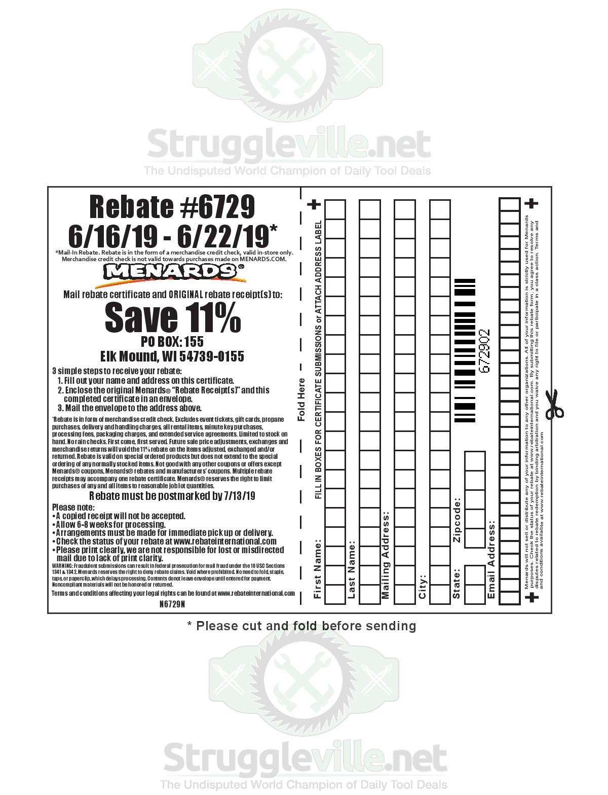 Menards Rebate Slip 6729